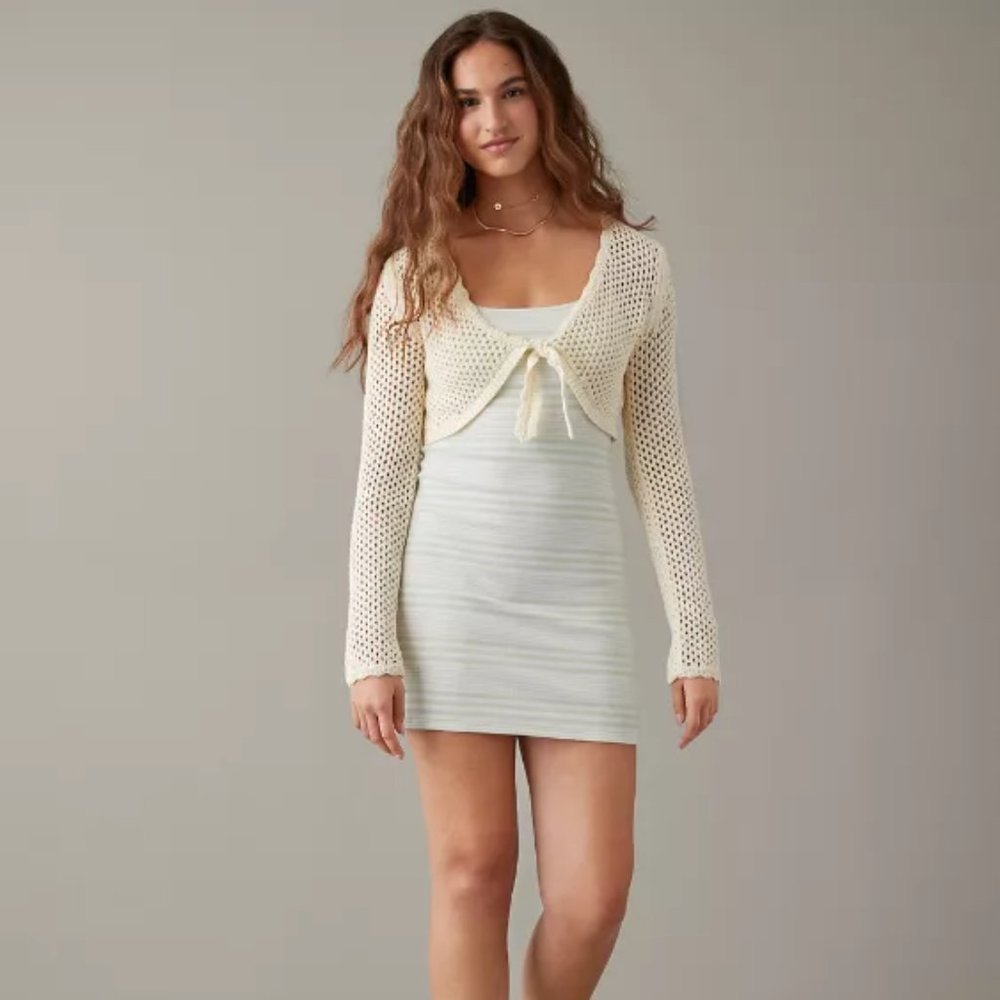 NWT American Eagle Cropped Tie-Front Open-Stitch Sweater